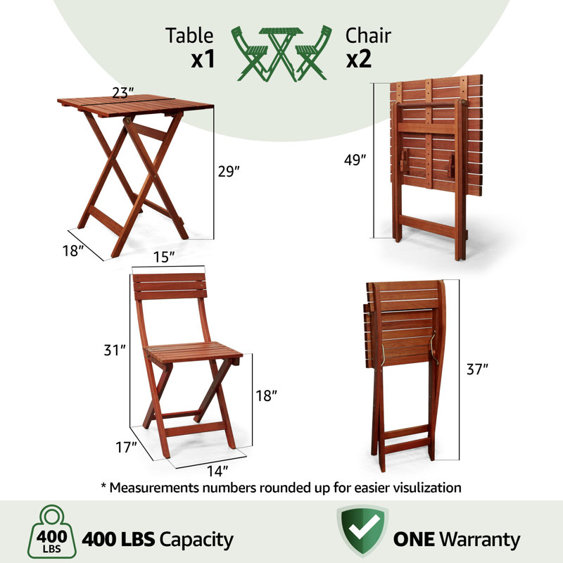 Ensemble bistro 3 pièces d'extérieur pliant - Mobilier de patio en bois d'eucalyptus compact avec finition résistante aux intempéries et chaises lourdes