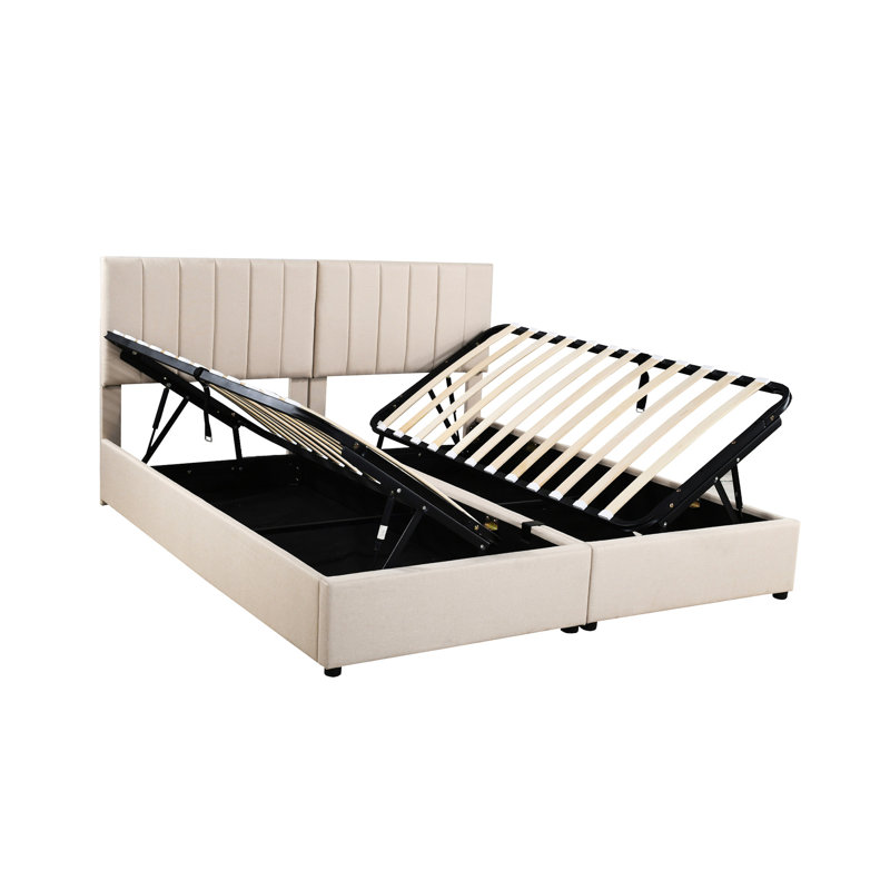 Très grand lit plateforme tapissier avec système de rangement hydraulique beige chic