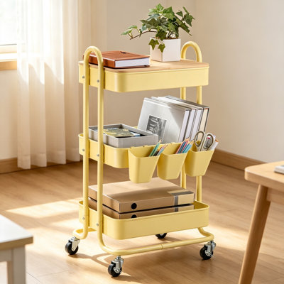 Yellow 3-Tier Rolling Storage Trolley with 4 Castor Wheels, Steel Frame Utility Cart with Solid Bamboo Lid, Equipped with 3 Hanging Baskets & Hooks, Multipurpose Organiser for Bathroom, Kitchen, Craft Room and Home Office