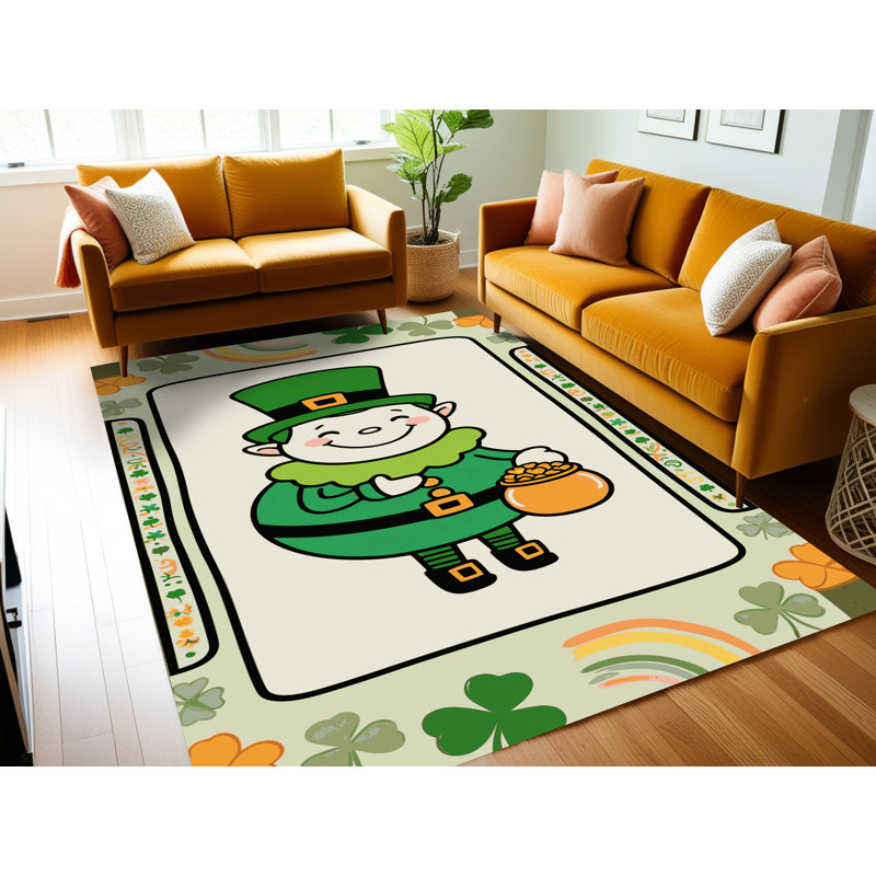 The Holiday Aisle® Washable Saint Patrick's Day Clover Leprechaun Holiday Rug, Rectangle 2' x 3'