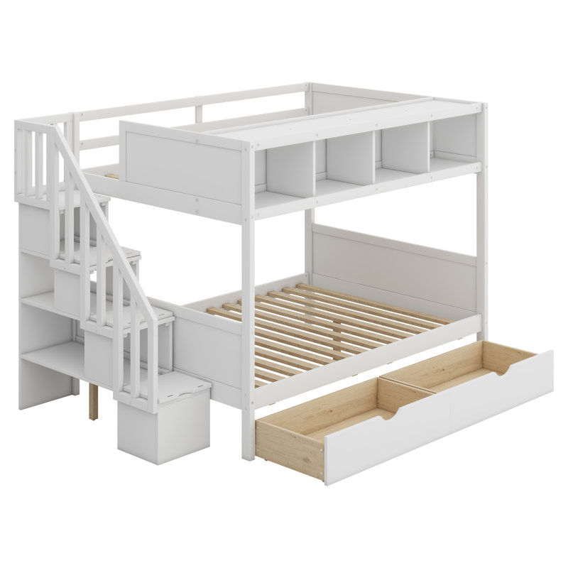 Lit superposé avec tablettes, escalier de rangement et 2 tiroirs, Blanc