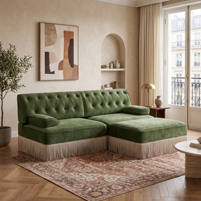 Canapé modulable 2 places avec pouf, jupe à franges d'inspiration vintage, dossier capitonné et assise flexible, vert