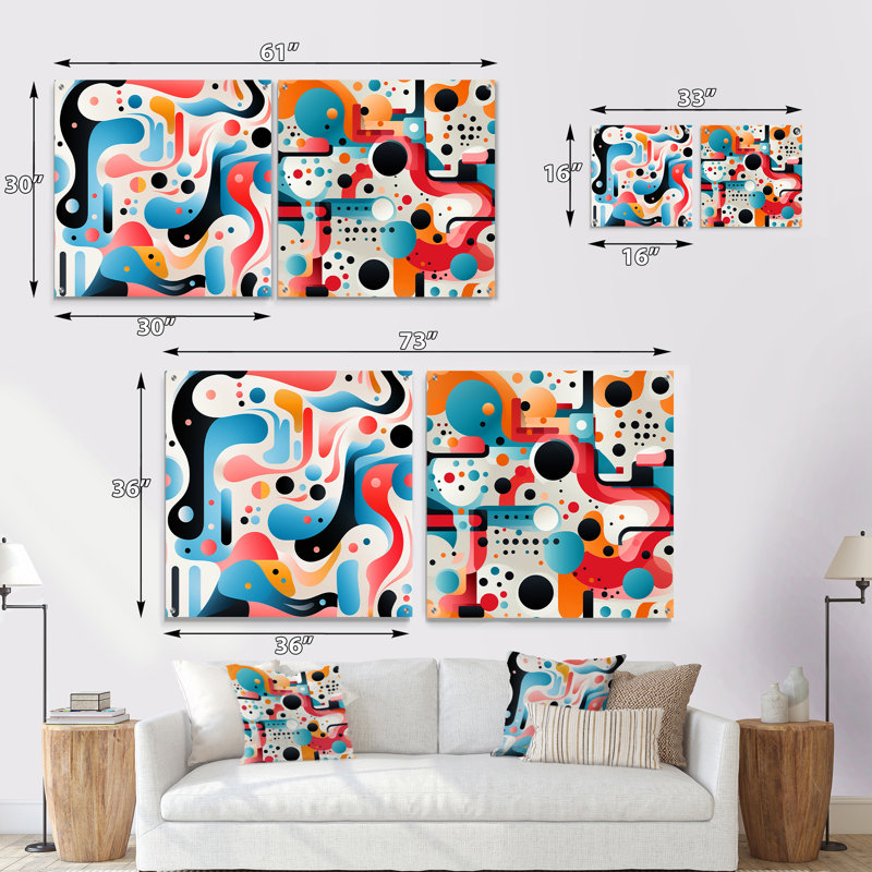 Ensemble de 2 reproductions d'art géométriques abstraites roses et bleues Mid-Century Trendy II, H 16 po x l 33 po
