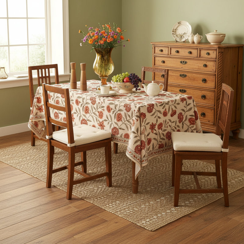Orange Floral Linen Rectangle Tablecloth 55"X71", Wrinkle Resistant For Thanksgiving Dining
