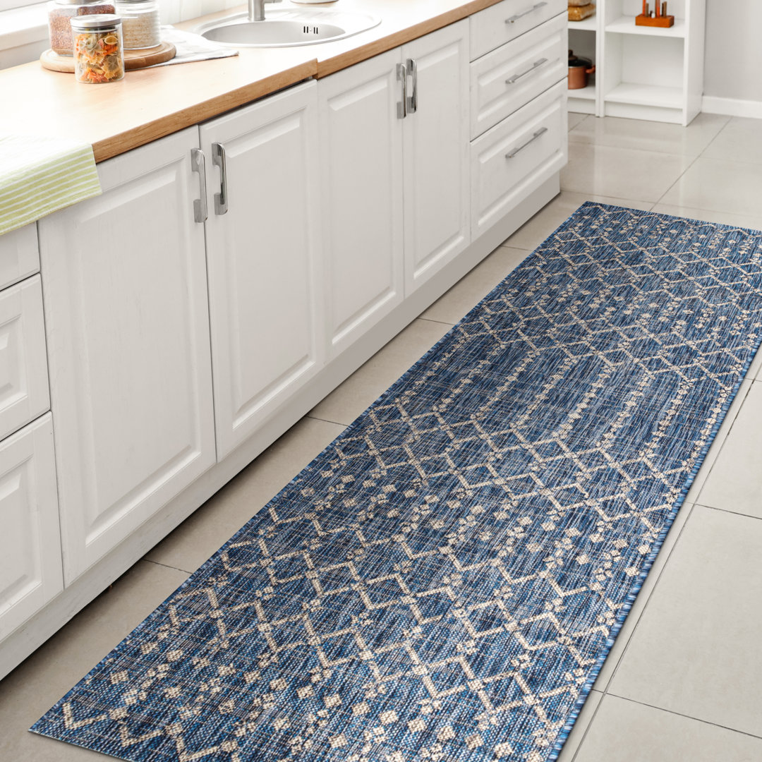 Crompton Moroccan Geometric Textured Weave Navy/Light Gray Indoor/Outdoor Rug Langley Street® Rug 