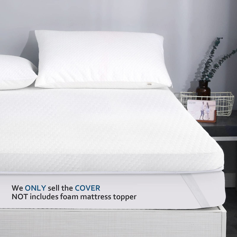 King Size Memory Foam Mattress Topper Cover With Zipper, Rayon From Bamboo Jacquard And 3D Mesh Fabric Backing, Removable And Washable, With Straps,(White)