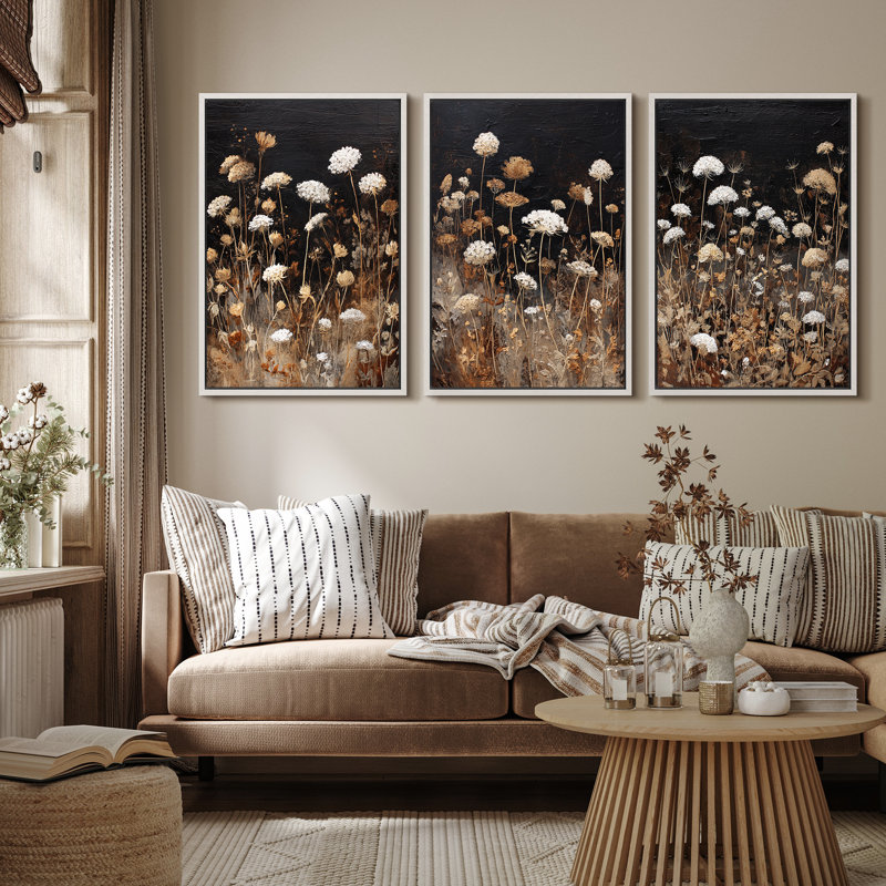 Neutre botanique prairie avec fleurs sauvages blanches et brunes - impression sur toile encadrée 3 pièces, Cadre blanc