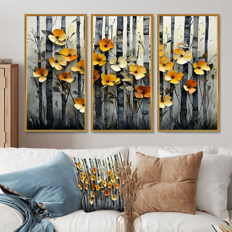 «Geometric Bambo Forest Horizon II», art mural en bambou, 3 pièces, H 32 po x l 48 po, Impression encadrée sans passe-partout