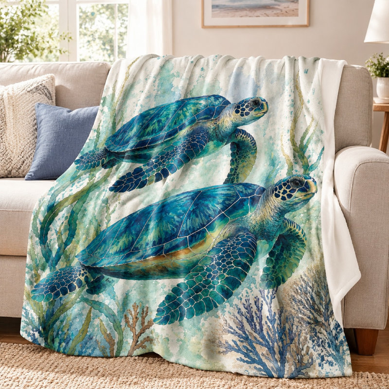 Couverture de flanelle à motif de tortue de mer 1Pcs Literie, Simple (l 60 po x L 80 po)
