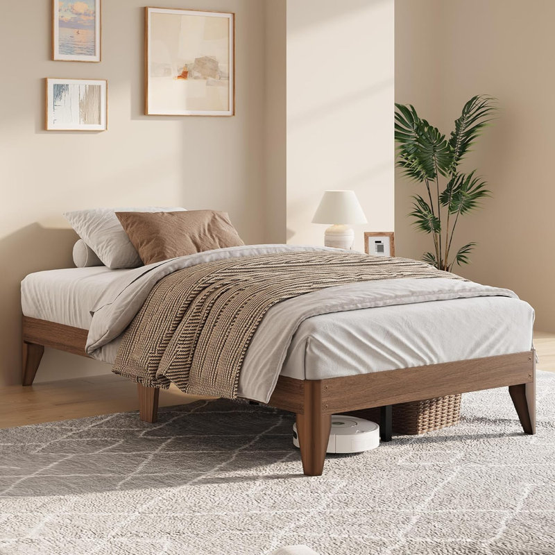 Base de lit plateforme simple en bois, pieds et support en lattes de bois, structure centrale en métal robuste, aucun sommier requis, assemblage facile, bois foncé