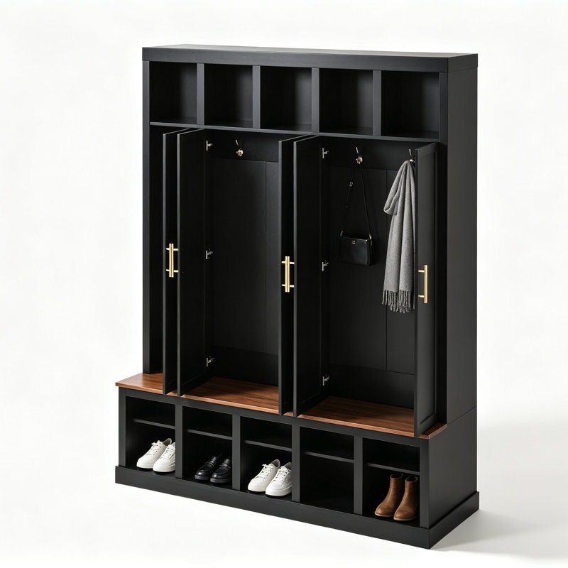 Système de rangement pour entrée de style champêtre, 150 cm (L) × 39 cm (l) × 193 cm (H), placard fermé avec casiers et tablette à chaussures inférieure, noir mat