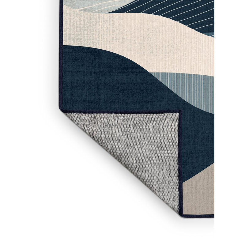 Machine Washable Bensonhurst Modern & Contemporary Abstract Rug in Beige – Navy Binding, 4' Round