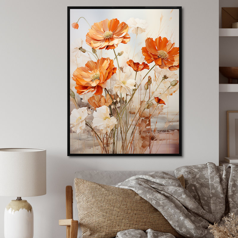 Orange And Beige Fiery Blooms 1 - Marigold Wall Art, Black Floater Framed, 32" H x 16" W
