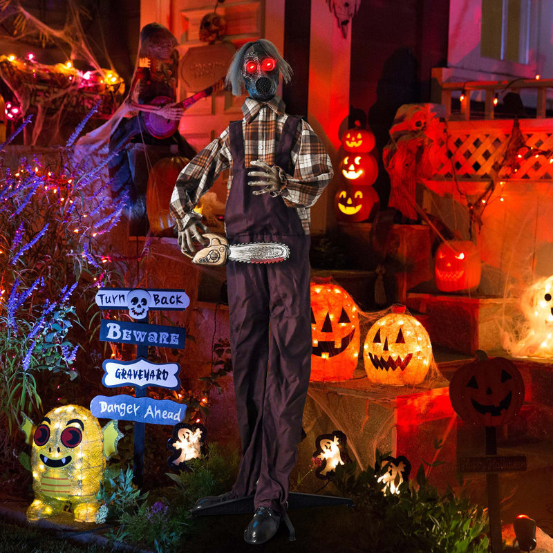 Halloween Animatronic Shaking Haunted Man W/ Chainsaws Life Size Scary Bio-human W/ Sound Activated Design & Control Button 