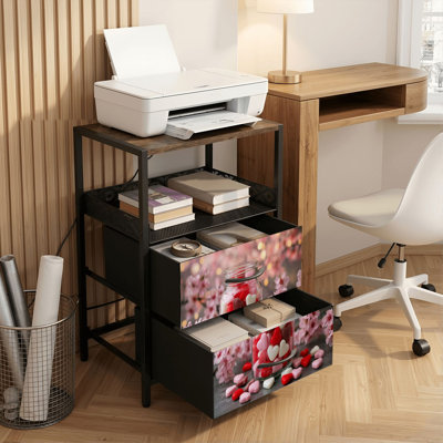 Table de chevet 2 tiroirs avec station de charge, table de chevet de chambre à coucher avec ports USB et prises de courant Tablette ouverte noire, table de chevet avec bocal en verre en forme de cœur rose rouge