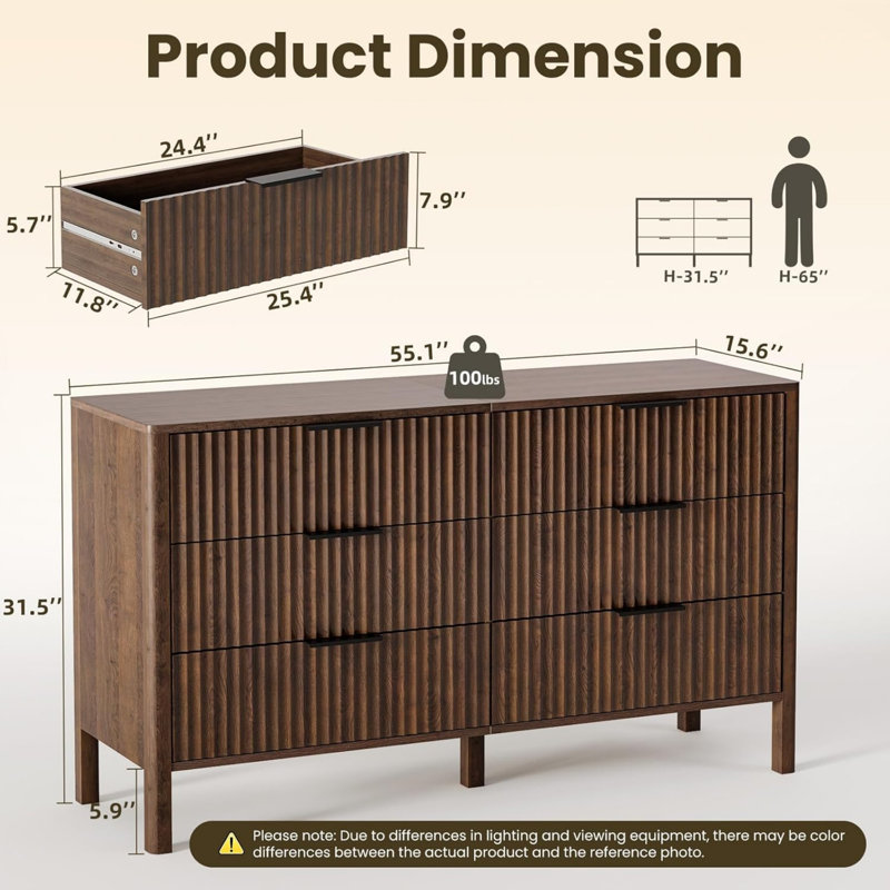 55" Wide Fluted 6 Drawer Dresser For Bedroom, Wooden Dresser Modern Chest Of Drawers TV Stand Dressers With Organizer Storage For Bedroom, Living Room, Entryway,