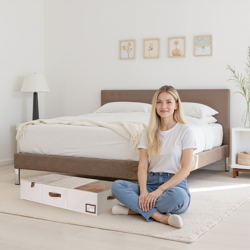 Large Underbed Storage Containers with Handles and Label Holder, Fabric Underbed Bins for Clothes, Blankets, Sweaters, White