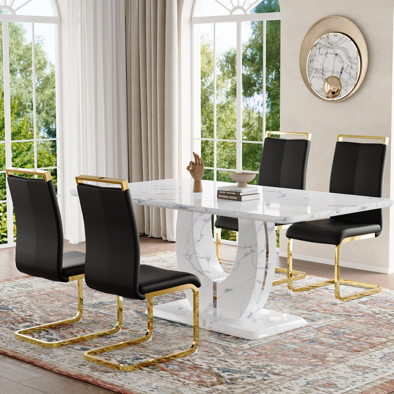 Ensemble de table de salle à manger, Noir / or, Marbre blanc, 5 pièces