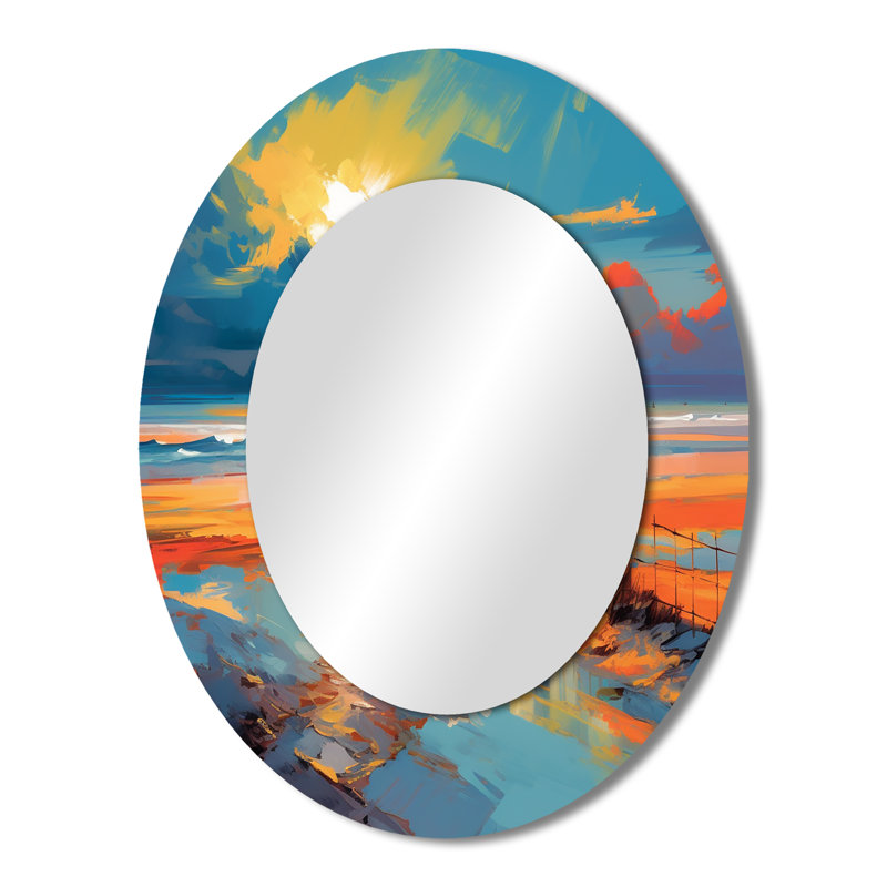 Beach Path Leading To The Ocean Painting III - Blue Coastal Oval Wall Mirror, 43" x 33"