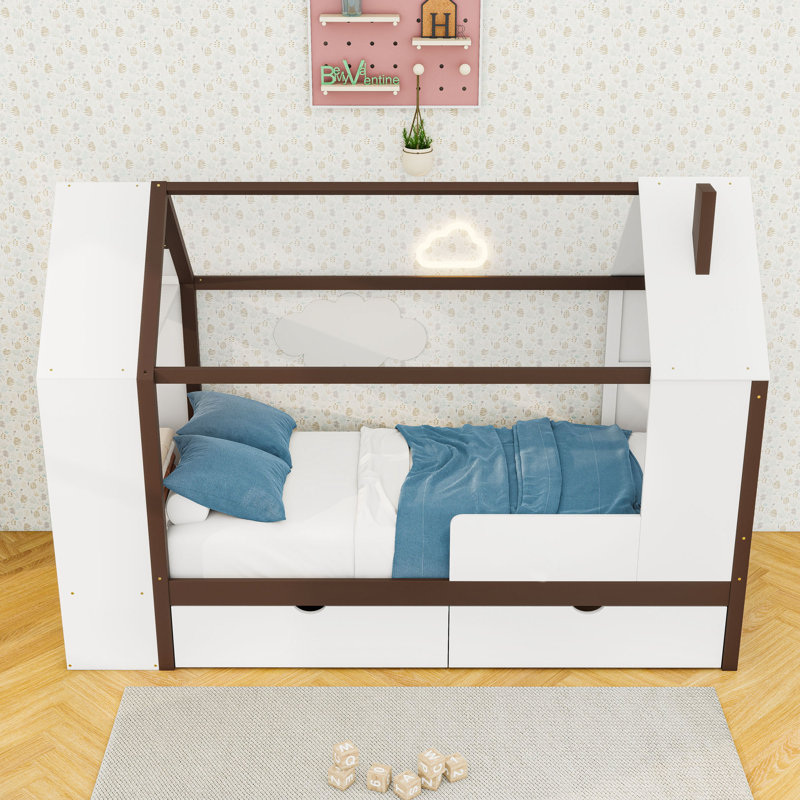 Lit plateforme simple avec garde-robe ouverte, tiroirs et tablettes intégrées, Blanc espresso