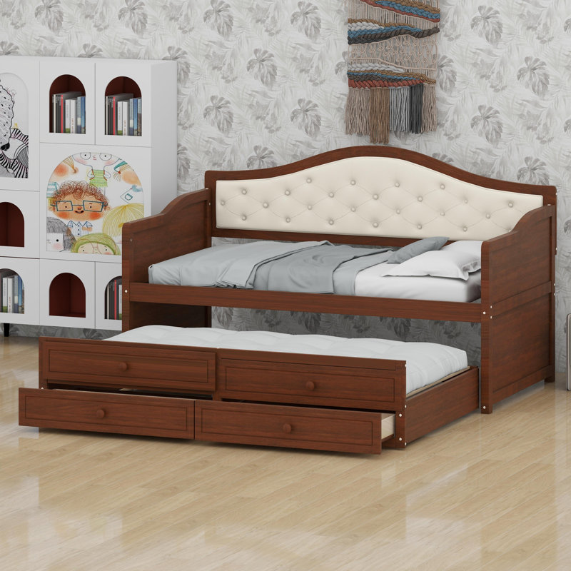 Multi-Functional Daybed with Trundle, Drawer Storage, and Tufted Design for Living Spaces, Walnut