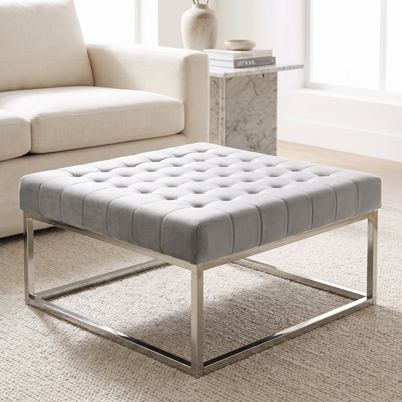 Kibwe Velvet Ottoman, Gray, Polished Chrome