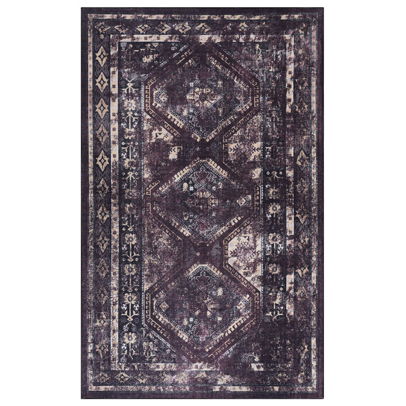 Tapis 6 x 9, à poils courts, antidérapant, pliable, pour la chambre à coucher - Tapis bourgogne / noir lavable, à poils courts, teint, cuisine, chambre à coucher