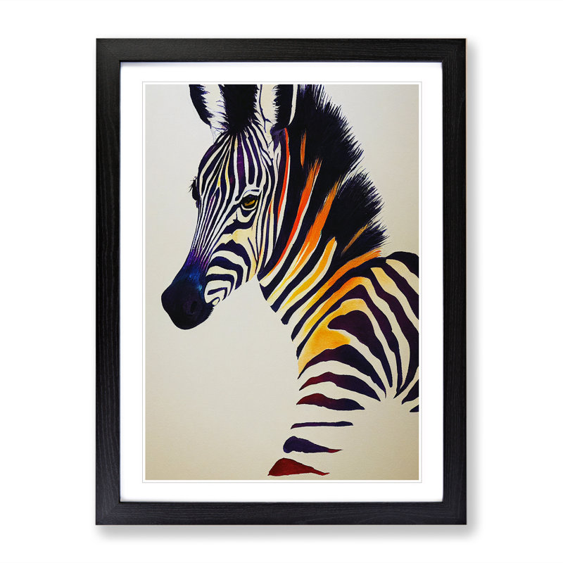 Colourful Zebra - Single Picture Frame Print, Black, 64cm H x 46cm W x 2cm D
