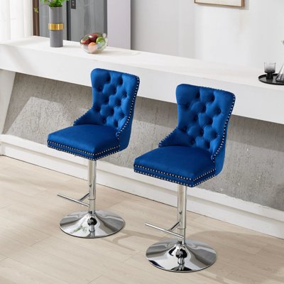 Thick Swivel Blue Velvet , 25 - 33" Height Adjustable, Of 2, Buttons, Spring Seat For Pub And Home With 17.7" Base, Adjustable Height, Buttons Kitchen Island