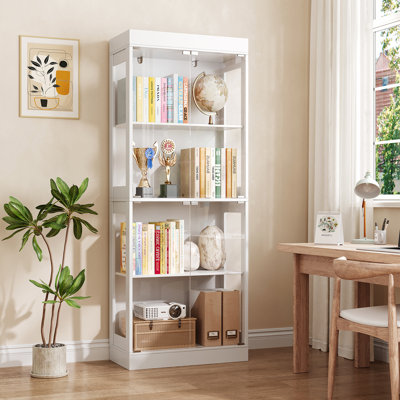 Bibliothèque 70 "H avec portes en verre, vitrine à 4 niveaux, blanc