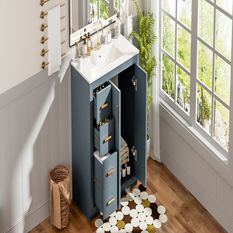 Meuble-lavabo de 36 po avec lavabo en céramique, structure en bois massif, ensemble autoportant avec 3 tiroirs et portes à fermeture douce pour un rangement durable