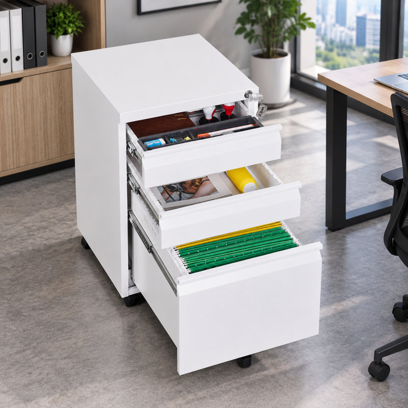 Classeur métallique mobile à 3 tiroirs avec serrure pour bureau à domicile, format Lettre/Légal/A4, Blanc