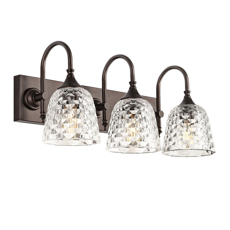 3-Light Dimmable Vanity Light With Geometric Patterned Glass, Bronze frotté à l'huile