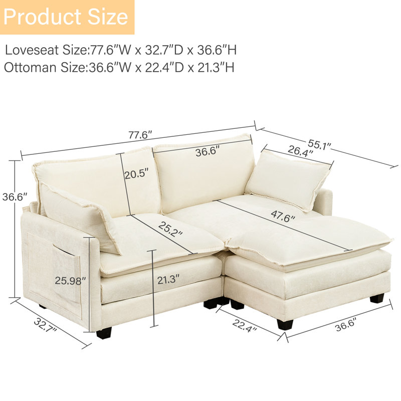 Rhydian 77.6" L-Shaped Couch Sofa With Ottoman Deep Seat Upholstered Sectional, Beige White Chenille