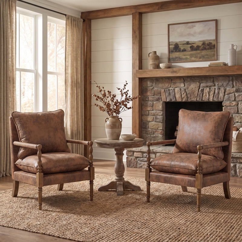 Fauteuil d'appoint en chenille, fauteuil d'appoint en broche avec accoudoirs couverts, fauteuil d'appoint de style campagne avec bois tourné (ensemble de 2)