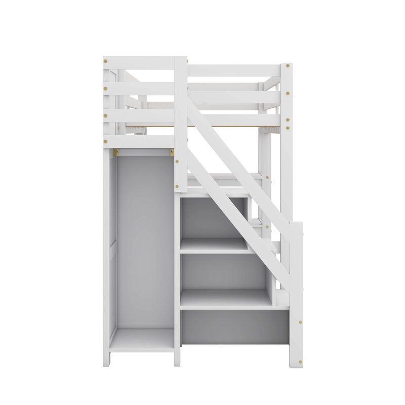 Lit mezzanine simple avec tablettes, escalier de rangement, garde-robe et lumière DEL