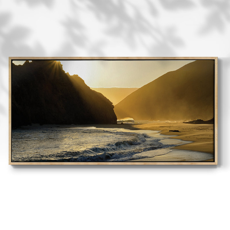 Sunset at Big Sur- Framed Gallery Wrapped Canvas -Ready to Hang, 25" H x 49" W, Natural