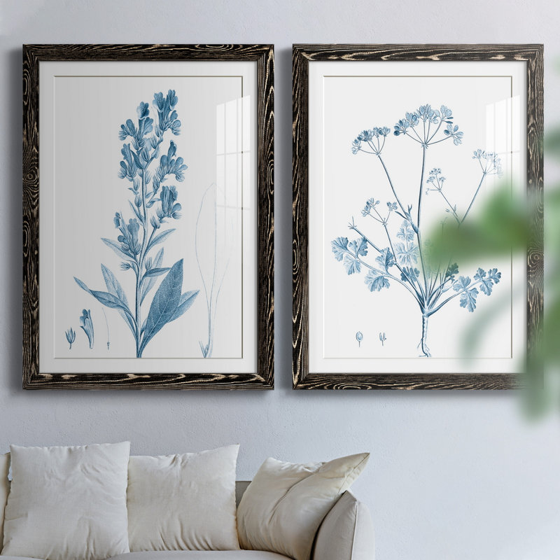 Antique Botanical in Blue III - Ensemble de 2 reproductions d'art sur papier encadrées, H 37,5 po x l 55 po x P 1,5 po