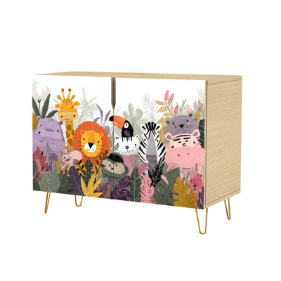 Sideboard Buffet Cabinet with Storage Jungle animals frame design for kids African baby zoo tropical forest with 2 Doors for Living Room and Kitchen