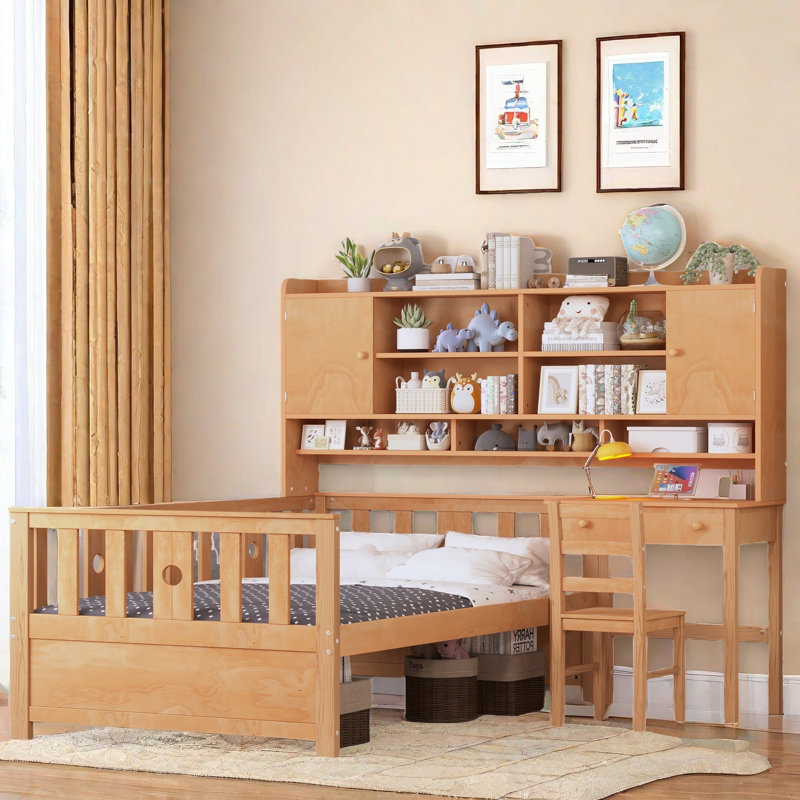Multifunctional Wood Platform Bed With Bookshelf, Built-in Desk And Matching Chair, Natural