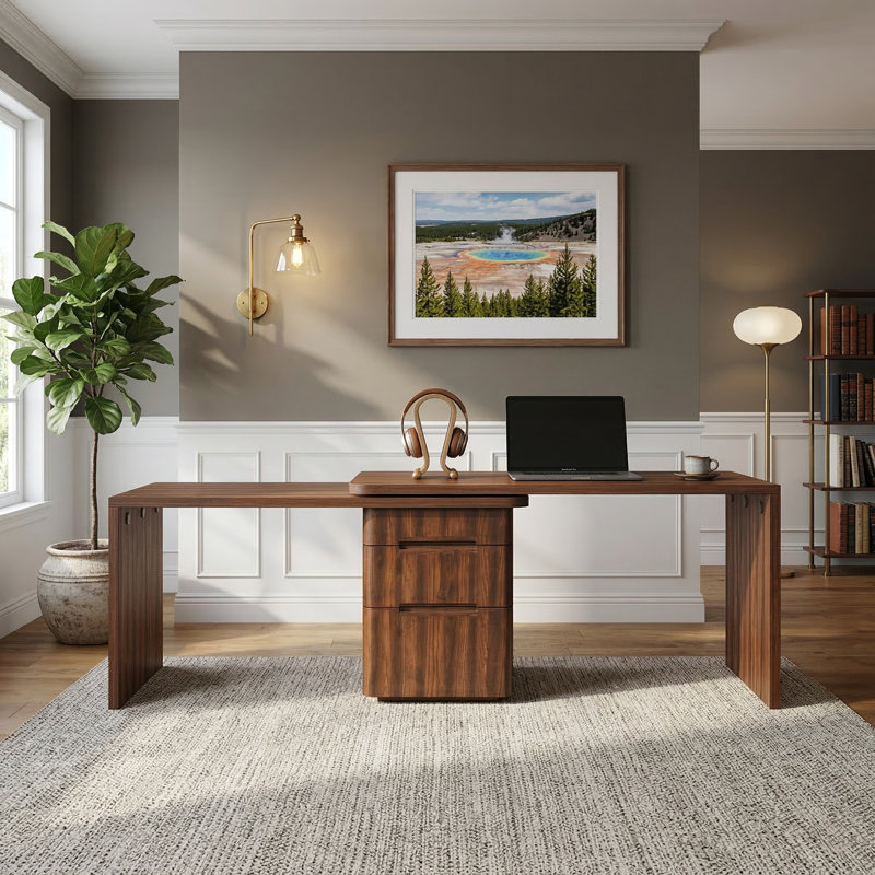 Bureau en coin 90 po en L 90 po avec 3 tiroirs pivotants à 360 degrés, finition noyer pour le bureau à domicile et le salon