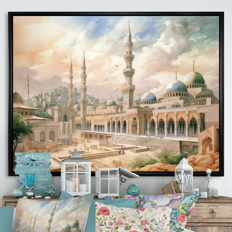 Mosquée religieuse The Mystets II - art mural, Cadre flottant noir, H 16 po x l 32 po x P 1 po