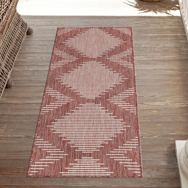 Tapis intérieur / extérieur rayé en polypropylène tissé à la machine en rouge clair, Tapis de couloir 2 pi 7 po x 8 pi