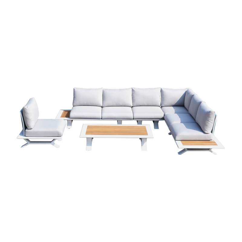 Lois Teak 7 - Person Patio Conversation Set with Cushions, Beige, White