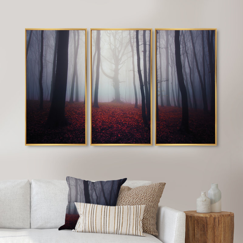 «Dark Spooky Misty Forest», 3 pièces, cadre flottant, impression sur toile, H 28 po x l 36 po, Or