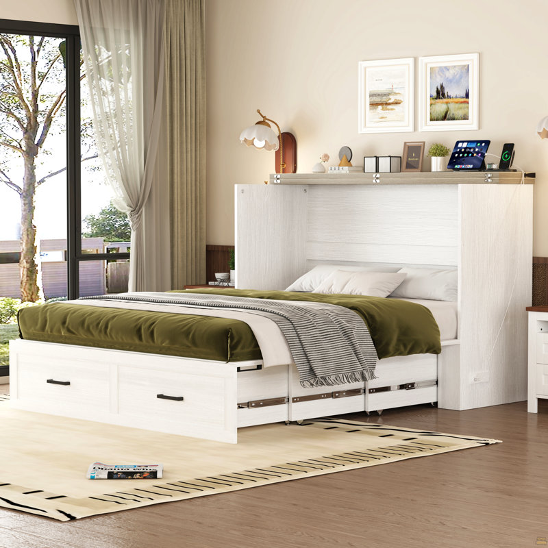 Grand lit escamotable style ferme avec station de charge, lit plateforme pliable avec grand tiroir de rangement, Blanc