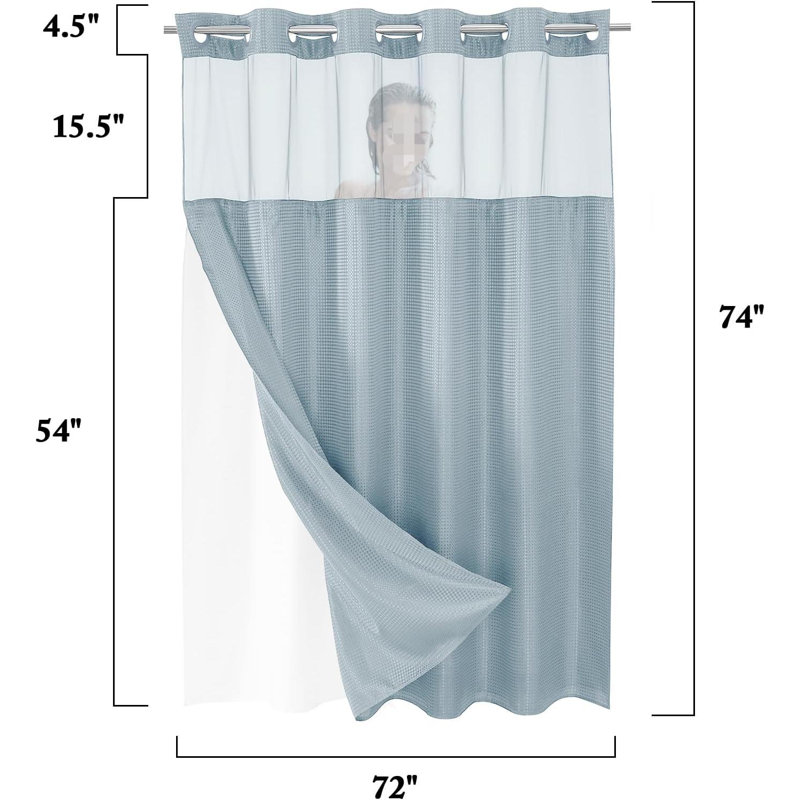 No Hook Waffle Weave Shower Curtain With Snap-In Fabric Liner Set For Bathroom, Hotel Style With Mesh Top Window, Waterproof & Washable, Fog Blue, 72X74