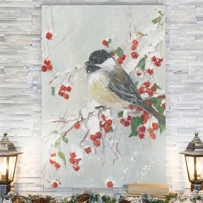 Holly Berries and Chickadee - impression sur toile tendue, H 32 po x l 24 po x P 1 po