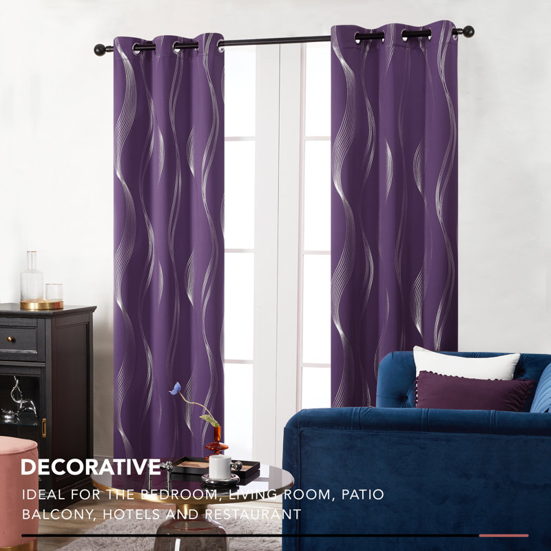 Spurgh Sliver Wave Foil Print Blackout Thermal Grommet Curtain Panels (Set of 2), 42" W x 54" L, Purple Grape