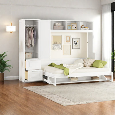 Full Size Murphy Bed Wall Bed With Closet And Drawers,White